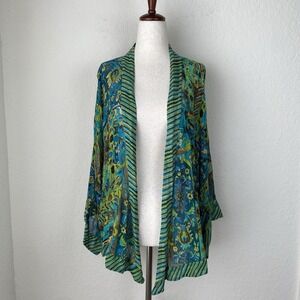 Coldwater Creek Size L Green Blue 100% Silk Kimono Topper Jacket Flowing